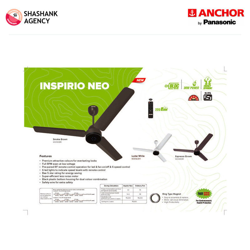 Anchor ANCHOR FAN - Ceiling Fan - BLDC - Inspirio Neo - 1200mm - Expresso Brown product view 2