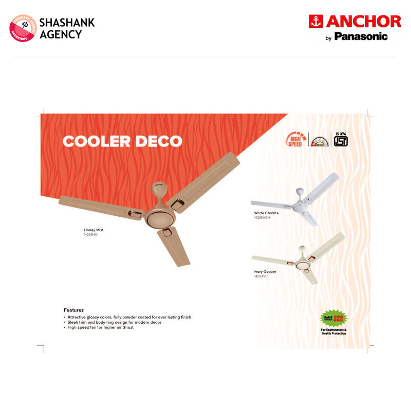 Anchor ANCHOR FAN - Ceiling Fan - Cooler Deco 1s - 1200mm  - Honey Mist product view 3